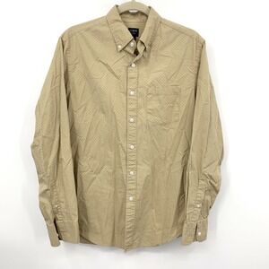 J Crew Men Size Medium Shirt Button Down Top Brown Blue Polka Dot Flex Stretch